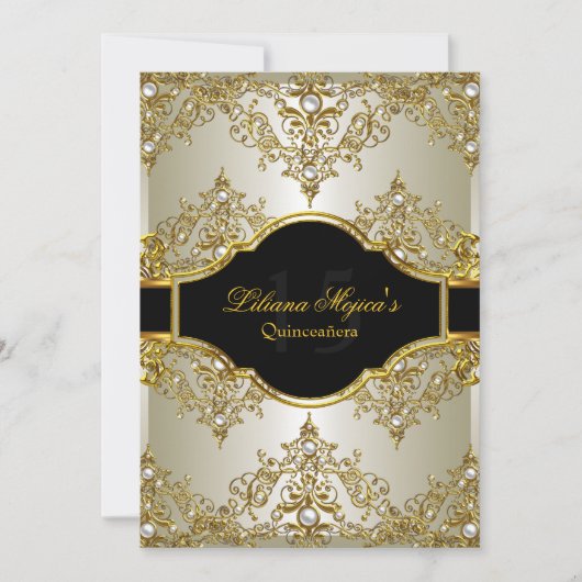 Gold Pearl  Glamor Quinceanera Invite 2 Kaart (Voorkant)