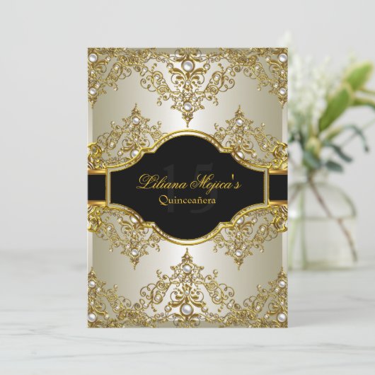 Gold Pearl  Glamor Quinceanera Invite 2 Kaart (Staand voorkant)