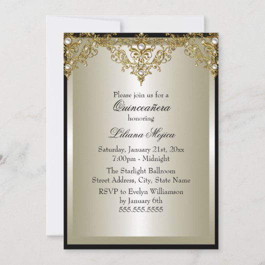 Gold Pearl  Glamor Quinceanera Invite 2 Kaart (Achterkant)