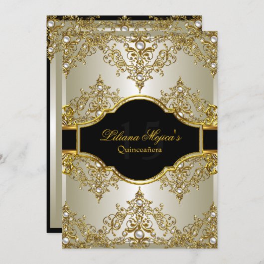Gold Pearl  Glamor Quinceanera Invite 2 Kaart (Voorkant / Achterkant)