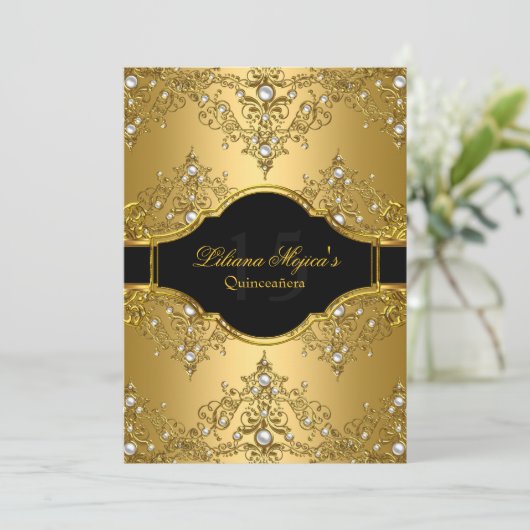 Gold Pearl  Glamor Quinceanera Kaart (Staand voorkant)