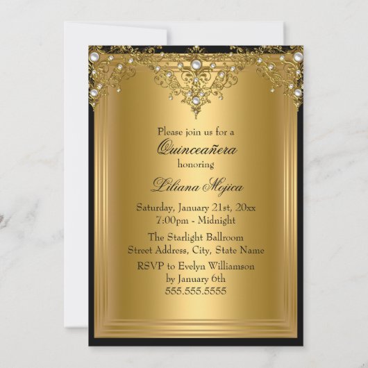 Gold Pearl  Glamor Quinceanera Kaart (Achterkant)