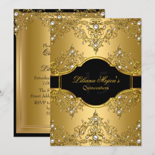 Gold Pearl  Glamor Quinceanera Kaart (Voorkant / Achterkant)