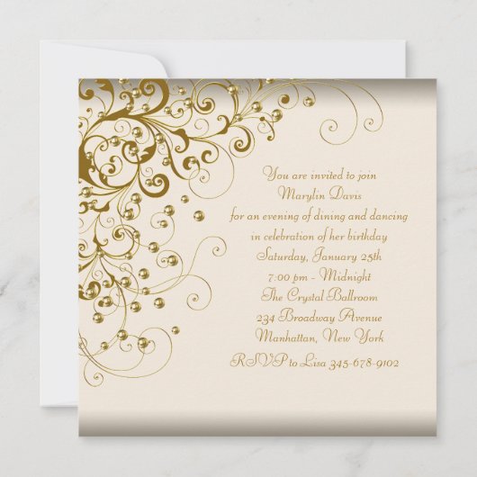 Gold Pearl Swirl Womans Ivory Gold Birthday Party Kaart (Achterkant)