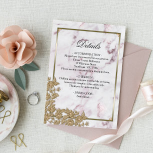 Gold Pearls Elegant Pink Marble Wedding Details Informatiekaartje