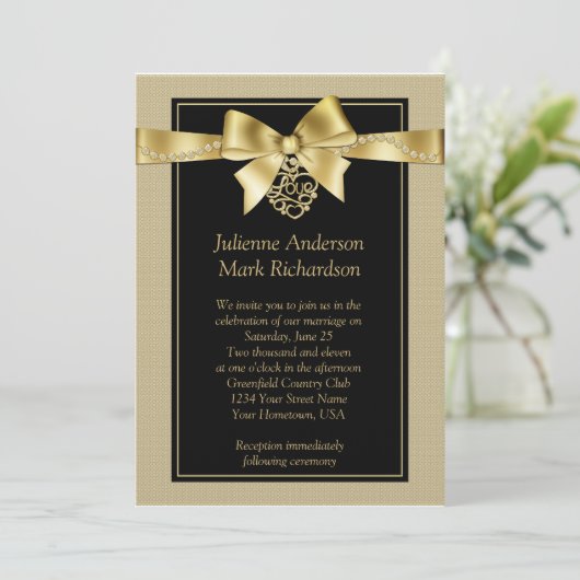 Gold Pearls en lint op uitnodiging voor een zwarte (Staand voorkant)