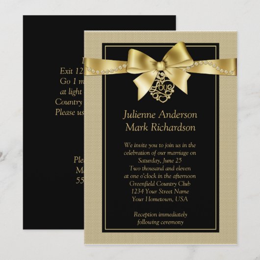 Gold Pearls en lint op uitnodiging voor een zwarte (Voorkant / Achterkant)