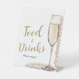 Gold Pearls en Prosecco Champagne Eten en Drinken Reclamebord Met Voetstuk