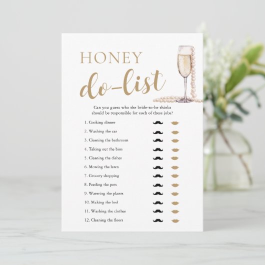 Gold Pearls en Prosecco Honey Do List Bruidsspel Kaart (Staand voorkant)