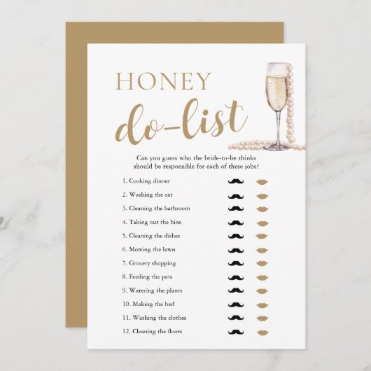 Gold Pearls en Prosecco Honey Do List Bruidsspel Kaart (Voorkant / Achterkant)