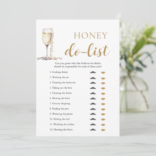 Gold Pearls en Prosecco Honey Do List Bruidsspel Kaart (Staand voorkant)