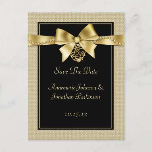 Gold Pearls lint op zwart Save The Date Aankondigingskaart (Voorkant)