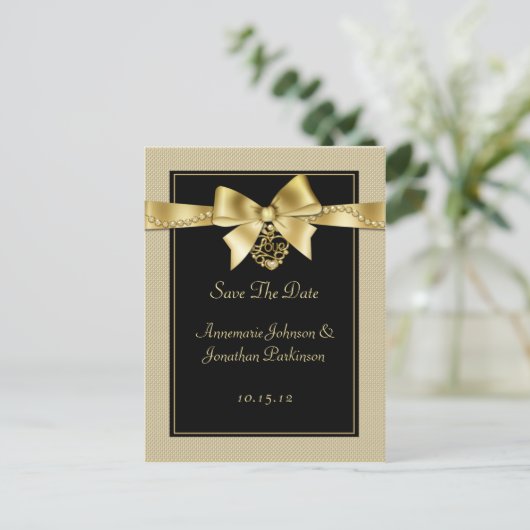 Gold Pearls lint op zwart Save The Date Aankondigingskaart (Staand voorkant)