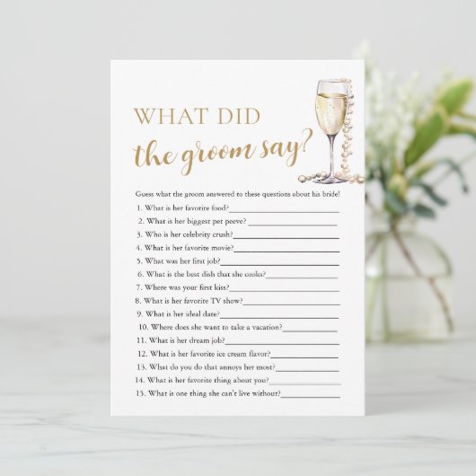Gold Pearls & Prosecco Wat zei de bruidegom spel Kaart (Staand voorkant)