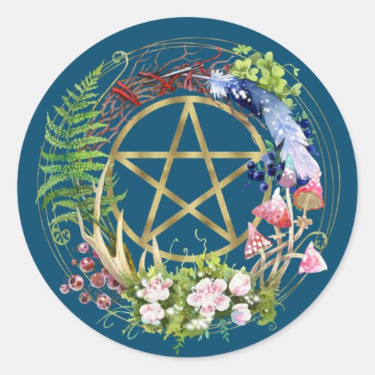 Gold Pentacle Natuur WreatFlowers Bohemian Ronde Sticker (Voorkant)