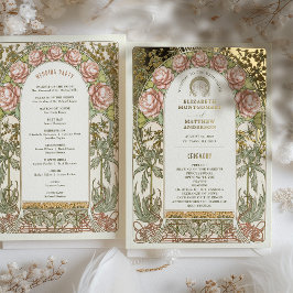 Gold Peonies Vintage Trouwprogramma Folie Uitnodiging