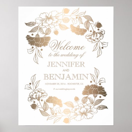 Gold Peonies Wreath Elegant Wedding Welcome Sign Poster (Voorkant)