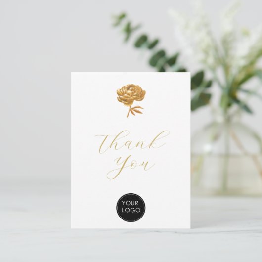 Gold Peony Business Logo Script Dank u wit Briefkaart (Staand voorkant)