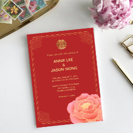 Gold Peony Double Xi Chinese Wedding Invitation Aankondiging