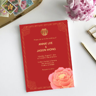 Gold Peony Double Xi Chinese Wedding Invitation Aankondiging