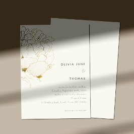 Gold Peony Elegant Floral Sketch BW Wedding Kaart
