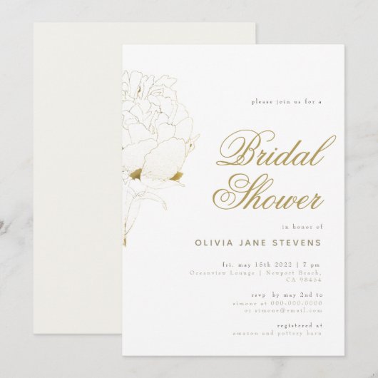 Gold Peony Elegant Script Floral BW Vrijgezellenfe Kaart (Voorkant / Achterkant)