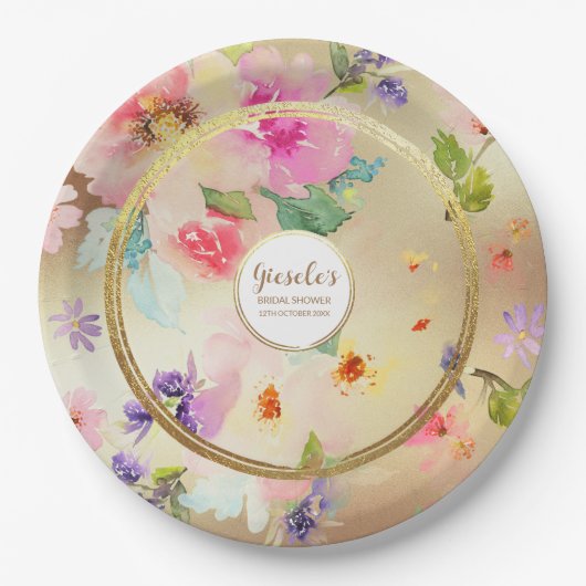 Gold Peony Floral Papieren Bordje (Voorkant)