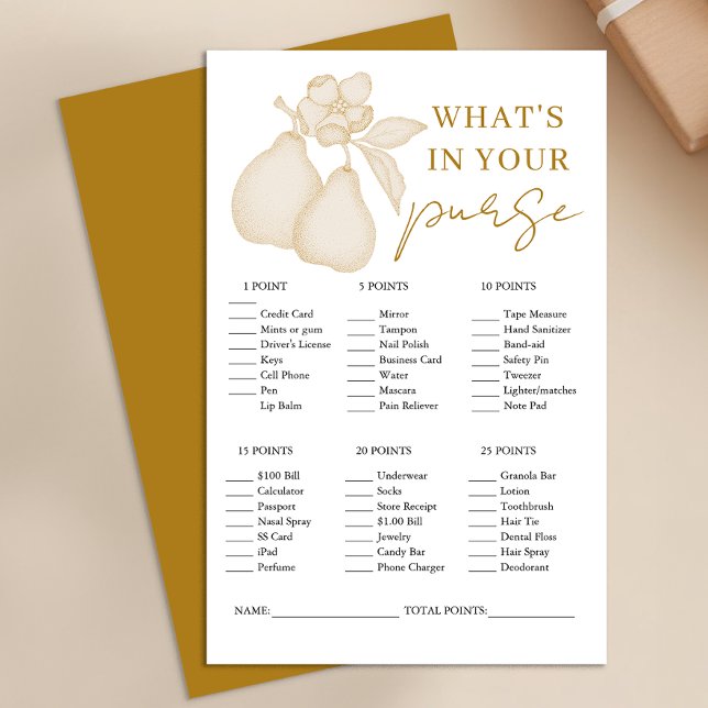 Gold Perfect Pear Vrijgezellenfeest portemonnee sp (What's in your purse - Bridal shower game)