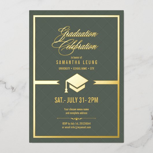 Gold Pet Afstuderen Sage Green ID834 Folie Uitnodiging (Voorkant)