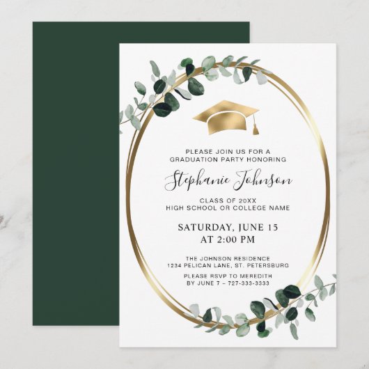 Gold Pet en Tassel Eucalyptus Graduparty Kaart (Voorkant / Achterkant)