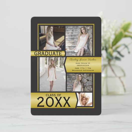 Gold Photo Collage-klasse van elk jaar Afstuderen Aankondiging (Staand voorkant)