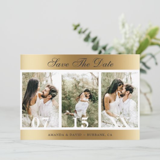 Gold Photo Collage Wedding Save The Date (Staand voorkant)