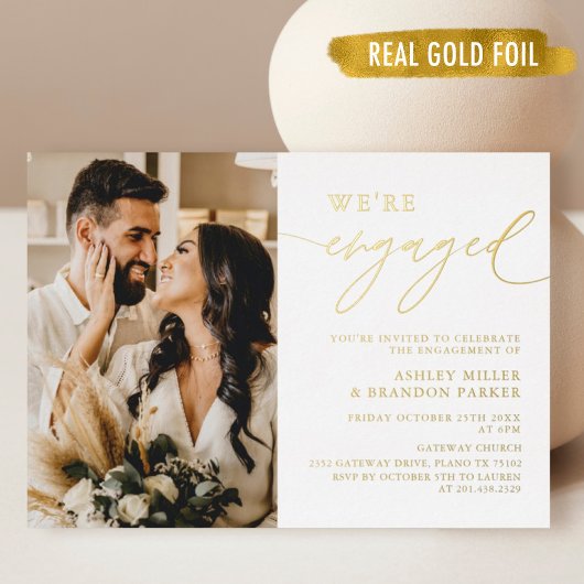 Gold Photo Elegant Engagement Party Folie Uitnodiging