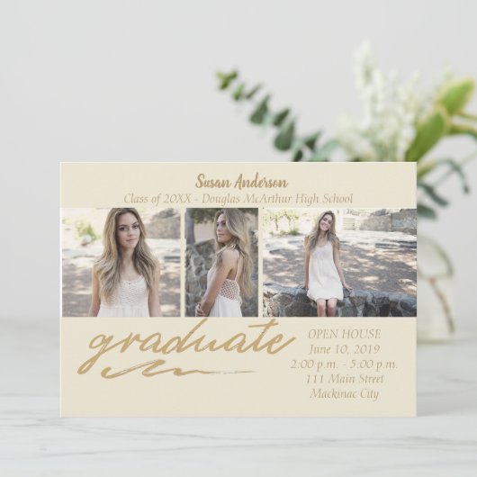 Gold Photo Graduation Party Uitnodiging (Staand voorkant)