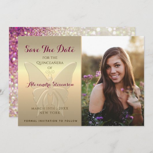 Gold Photo Quinceanera Save The Date (Voorkant / Achterkant)