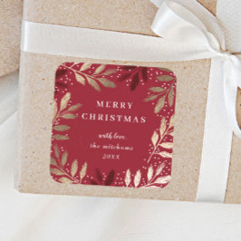 Gold Pine Branch Red Merry kerstavond Vierkante Sticker