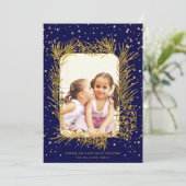 Gold pine lijst confetti marvy blue kerstfoto feestdagenkaart (Staand voorkant)