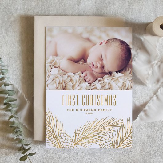 Gold Pine Needles Baby Eerste Kerstfoto Feestdagen Kaart