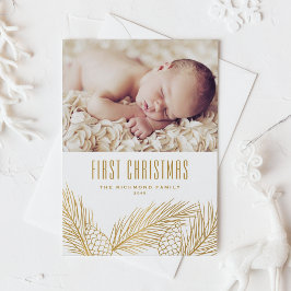 Gold Pine Needles Baby Eerste Kerstfoto Feestdagenkaart