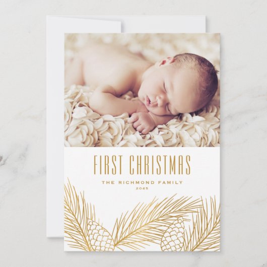 Gold Pine Needles Baby Eerste Kerstfoto Feestdagenkaart (Voorkant)