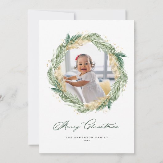 Gold Pine Needles Wreatry-kerstfoto Feestdagenkaart (Voorkant)
