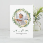 Gold Pine Needles Wreatry-kerstfoto Feestdagenkaart (Staand voorkant)