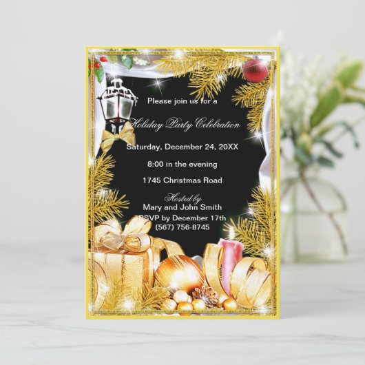 Gold Pine Ornamenten Kerst Feest Uitnodiging (Staand voorkant)