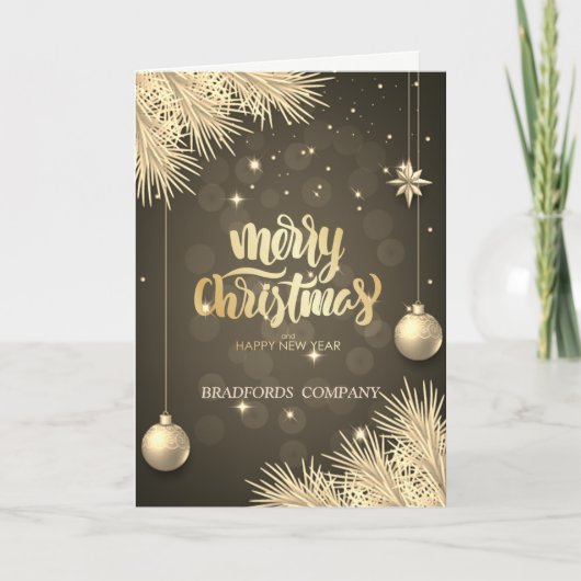 Gold Pine Tree Branches, Balls, kerstbedrijf Feestdagen Kaart (Voorkant)