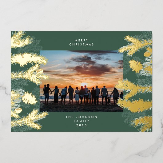 Gold Pine Tree Merry kerst Emerald Foto Folie Feestdagenkaart (Voorkant)