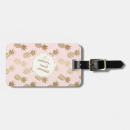 Gold Pineappel Pattern & Monogram Bagagelabel