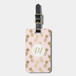 Gold Pineappel Pattern & Monogram Bagagelabel
