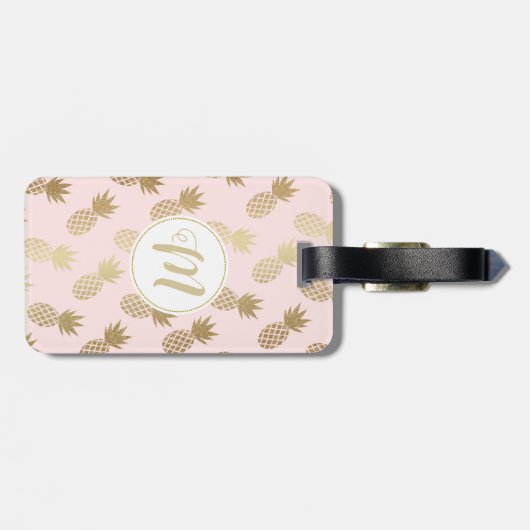 Gold Pineappel Pattern & Monogram Bagagelabel (Achterkant horizontaal)