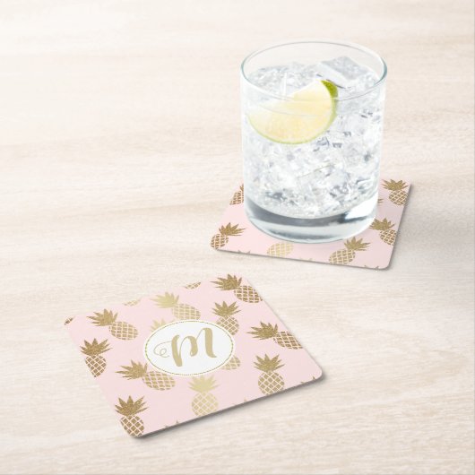 Gold Pineappel Pattern & Monogram Kartonnen Onderzetters (Insitu)