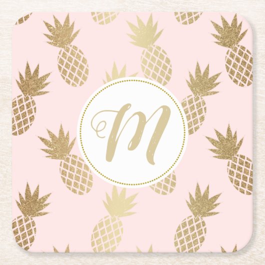 Gold Pineappel Pattern & Monogram Kartonnen Onderzetters (Voorkant)